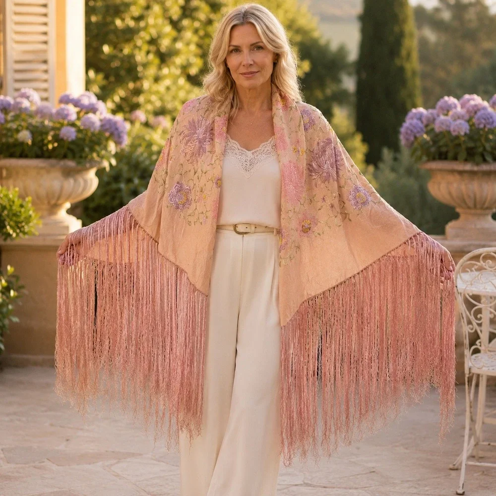 Vintage Pink Floral Embroidered Long Fringe Piano Shawl 50x52